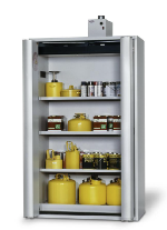 Bezpečnostní skříň s požární odolností 90min, skládací dveře_3x police, 1x spodní záchytná vana, ocelový poplastovaný plech